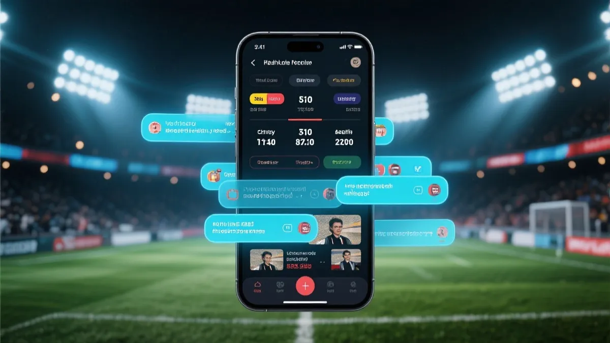 直播间弹幕与手机实时比分界面叠加的视觉概念，赛场氛围灯光